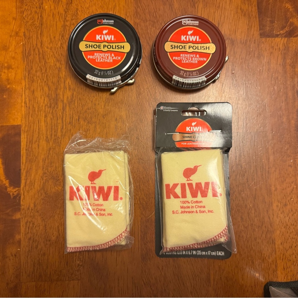 NEW Kiwi Shoe Polish Tins and Cotton Shine Cloths - Black & Brown